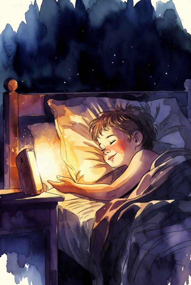 Child sleeping peacefully with a glowing phone nearby and stars above, listening to a bedtime story