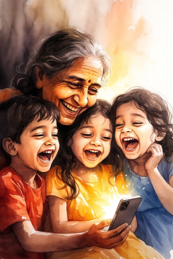Grandmother and three grandchildren gathered around a glowing phone, sharing a moment of pure joy