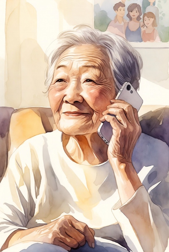 Elderly woman smiling warmly during a phone call, preserving her voice for family